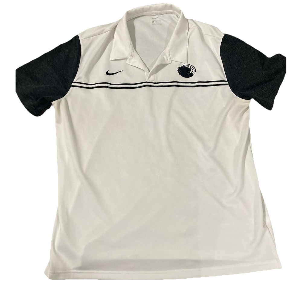 Nike Polo Shirt Mens XL White Black Stripe Swoosh Golf Athletic Dri Fit Spot